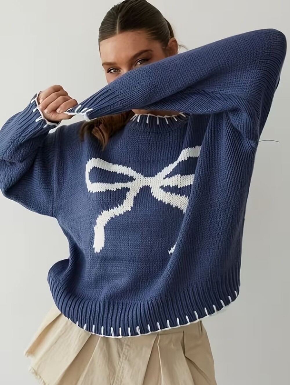 Blue Knit Sweater with White Bow Detail - Women